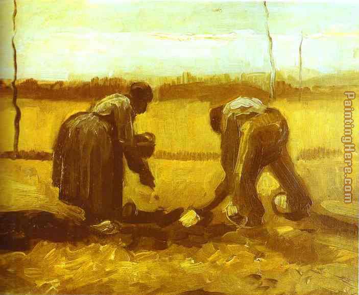Peasant Man and Woman Planting Potatoes painting - Vincent van Gogh Peasant Man and Woman Planting Potatoes art painting